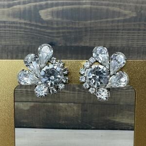 Vintage Clear Prong Set Rhinestone Cluster Clip Flourish Earrings